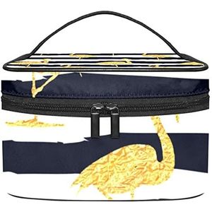 Groene handgetekend gezond voedsel patroon make-up tas voor vrouwen meisjes cosmetische tassen met handvat reizen make-up organizer tas, Gouden Flamingo Met Zwart Streeppatroon, 8.9x5.9x5.4 Inches, Make-up zakje