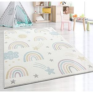 The Carpet Beat Kids Modern zacht kindertapijt, zachte pool, onderhoudsarm, kleurecht, regenboogpatroon, crème-mix, 140 x 200 cm