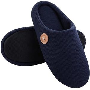 Warme katoenen pantoffels for dames, pluizige huisbontpantoffels for binnen, platte schoenen die zachte pantoffels dweilen (Color : Navy Blue, Size : 44-45(10.4-10.6inch))