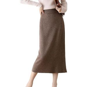 KWISUAWHGA Dames 100% Wollen Gebreide Midi-Rok Met Elastische Taille, Slanke Pasvorm, Zacht, Warm, Elegant, Comfortabel, Trendy Bodycon Herfstrokken,Bruin,L