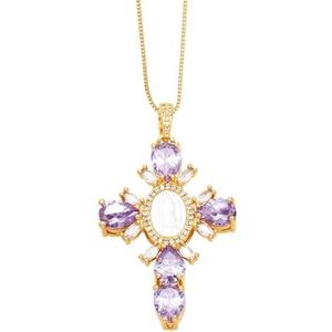 Veelkleurige koperen vergulde gouden kristallen kruishanger dames Madonna ketting CZ kubieke zirkoon sieraden ketting (Style : Violet)
