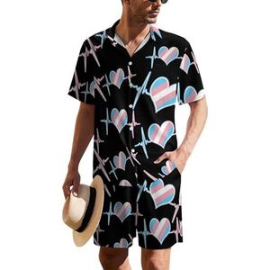 Transgender Flag Heart Beat Hawaiiaanse pak voor heren, 2-delige strandoutfit, shirt en korte broek, bijpassende set