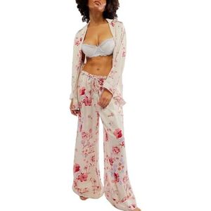 Dames Zomer Klassieke Knoopjes Lange Satijnen Zijden Pyjama Set(White red flowers,X-Large)