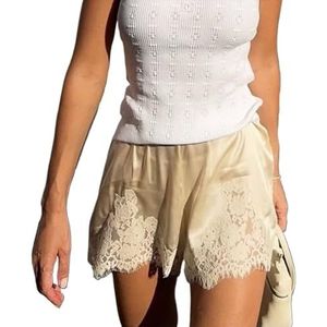 Women Silk Satin Lace Shorts Elastic Waist Lace Trim Mini Shorts Silk Patchwork Lounge Pettipants Slip Bottoms(Cream Satin,S)