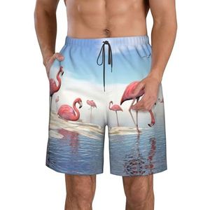 Galaxy Animal Dragonfly Print Heren Zwemmen Shorts Trunks Mannen Sneldrogend Ademend Strand Surfen Zwembroek met Zakken, Flock van roze flamingo's op het strand, XXL