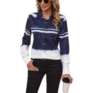 dames topjes Overhemd met tie-dye knopen aan de voorkant - Casual overhemd met lange mouwen, normale pasvorm en zak (Color : Blue and White, Size : Small)