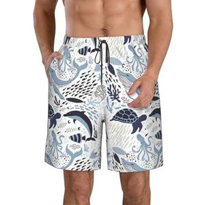 Turtle Octopus patroon oceaan thema print heren strandshorts zomer shorts met sneldrogende technologie, lichtgewicht en casual, Wit, L
