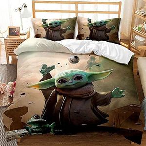 WFKLLL Dekbedovertrek Baby Yoda, beddengoed van geborsteld polyester, zacht, voor kinderen, jongens, kamerdecoratie met 2 kussenslopen (stijl H, 140 x 200 cm)