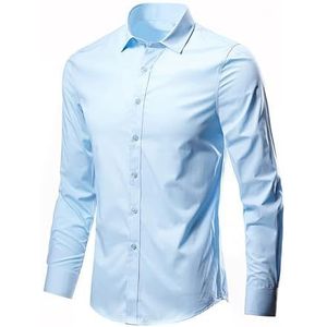 Xnihocha Overhemd voor heren, omgeslagen kraag, shirt met lange mouwen, voor business, kantoor, bruiloft, feest, casual, Hemelsblauw, S