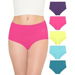 TANSTC Onderbroeken voor dames, set van 5 stuks, stretch, katoen, hoge taille, ademend, zacht, vrouwenondergoed, donkerpaars, magenta, citroengroen, turquoise en zeeblauw, L