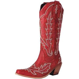 SJJH Kniehoge vintage cowboylaarzen voor dames met puntige punt en lage blokhak - retro design, rood, 42 EU