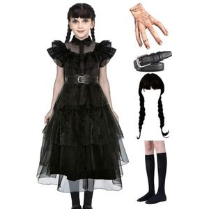Wednesdays Addams Costume Dress for Girls - Princess Dress with Belt,Wig,Socks and Statue hand | Girls Wednesdays Addams Costume Dress Up Fancy Halloween Cosplay Outfit Christmas Party 3-15 Years