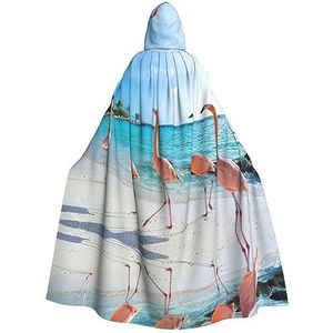 OdDdot Roze flamingo op het strand print carnaval cape volwassen capuchon mantel heksenkostuum voor mannen en vrouwen cosplay kostuums