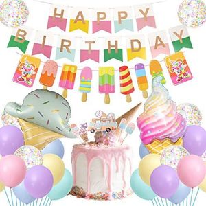 IJssnoepjes, verjaardagsfeestdecoratiebenodigdheden met pastelkleurige Happy Birthday-banner, ijslollyslinger, confettiballon, zomertaarttoppers voor meisjes