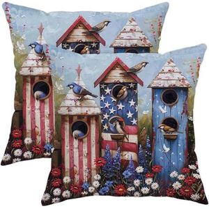 Set van 2 kussenslopen patriottisch vogelnest boerderij bloem ster cottage cabine rood blauw sofa kussenhoes mode kussensloop, voor terras, tuin, meubels, 45x45cm