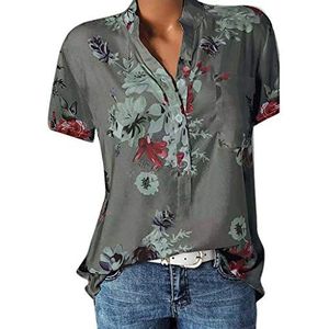 ZWQJYH Womens bloemenprint korte mouw tuniek tops met zak plus size zomer shirts dames gemakkelijk losse blouses, Grijs, S