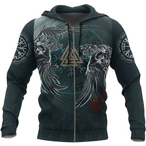 Viking Odin Symbol Tatoeages Pullover Hoodies Met Volledige Ritssluiting for Heren, Nordic Runic 3D Print Valknut Totem Harajuku Sweatshirts, Mode Vintage Streetwear Met Lange Mouwen