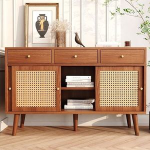 FAYICIC Sideboard - Commode - Walnoot - 3 Laden - 3 Schuifdeuren - Rotan Vlechtwerk