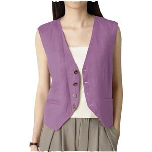 AeoTeokey Dames zomer linnen vest pak vest V-hals enkele rij knopen casual vest zakelijke outfits top, Lavendel, XL