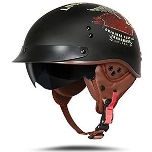BOSERMEM Motorhelm met veiligheidsbril, DOT/ECE-goedgekeurd, jethelm, scooterhelm, bromfiets, chopper, vintage (matzwart Lucky, maat XL, 61-62 cm)
