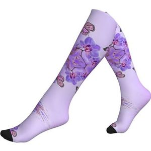 ASFgda Compressie paarse vlinderprint sokken voor dames en heren, 15-20 mmhg (1 paar) beste ondersteuning voor hardlopen, fietsen, werk en fitness