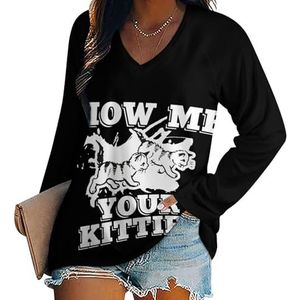 Show Me Your Kitties Cats Casual T-shirts met lange mouwen voor dames V-hals bedrukte grafische blouses T-shirt tops XL