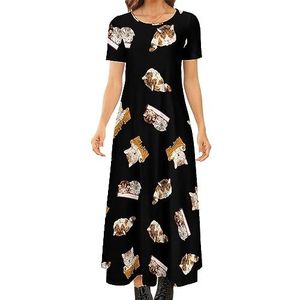 Patroon van kat dames zomer casual korte mouw maxi-jurk ronde hals bedrukte lange jurken 5XL