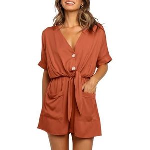 Jumpsuits Voor Vrouwen Zomer Casual Vrouwen Jumpsuits Effen Kleur Romper Dames Knopen Zakken Casual Bodysuit Tie Up Korte Mouwen V-hals Playsuit Overalls, Rood, M