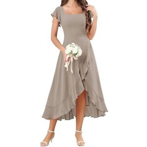 HPPEE Flutter Mouw Chiffon Bruidsmeisjesjurken voor Vrouwen Vierkante Hals Korte Avond Formele Jurk, Taupe, 32