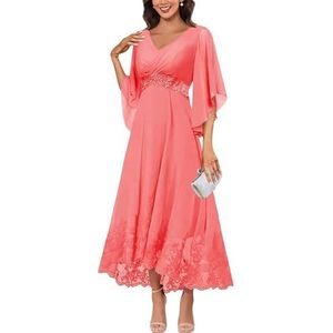 KURFACE Jurken voor dames, V-hals, moeder van de bruid met mouwen, kanten applicatie, chiffon, formele avondjurk, Koraal, 32