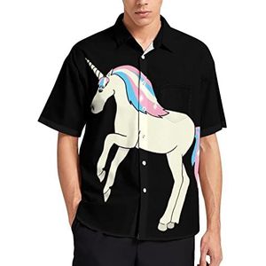 Transgender Pride Unicorn T-shirt met korte mouwen voor heren, casual button-down, zomer, strand, top met zak