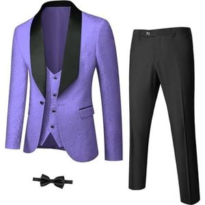 Heren 3-delige luxe smoking set jacquard slim fit sjaal revers jas vest en broek premium smoking voor mannen, lichtpaars, 6XL