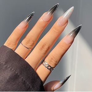 24 stuks bloemen stiletto nepnagels lange, groene Franse patronen, mooie amandel voor vrouwen, acryl extra lange kunstnagels lang voor nail art BLNu & Stiletto1