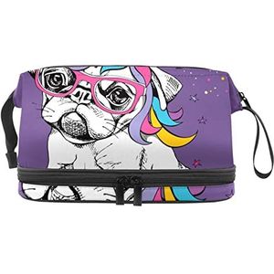 Grote capaciteit reizen cosmetische tas, make-up tas, waterdichte make-up tas organisator, schattige eenhoorn mopshond paars, Meerkleurig, 27x15x14 cm/10.6x5.9x5.5 in