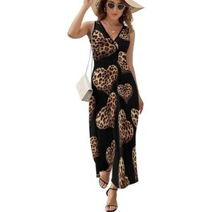 Leopard Love Heart Maxi-jurk voor dames, mouwloos, V-hals, casual, zomer, lange jurk