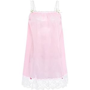 Satini Lingerie Flinterdun Sissy Babydoll Ruche Frilly Kant Slip Nachtkleding (Babyroze - Wit, XL)