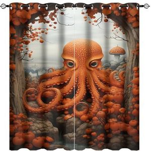 AEMYSKA Rustieke Octopus Verduisterende Doorvoergordijnen voor Slaapkamer Oranje Natuur Dier Moderne Bloem Thermisch Geïsoleerde Gordijnen Kamer Verduistering Lichtblokkerende Gordijnen 160 x 182 cm