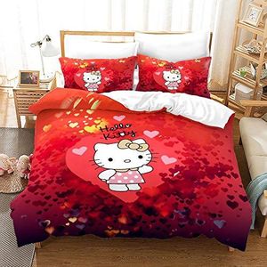 Nichiyobi Hello Kitty beddengoedset, dekbedovertrek en kussensloop, microvezel, 3D digitale print, driedelige set (7, tweepersoonsbed 200 x 200 cm)