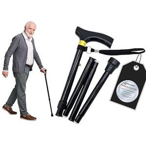 TIGA-MED Wandelstok, wandelstok, licht aluminium, in hoogte verstelbaar, opvouwbaar, tot 100 kg, wandelstok, loophulp, wandelstokken, krukken, rugstokken (zwart met houten handvat)