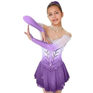 Nnnydjy Professionele kunstschaatsjurk voor dames Meisjes schaatswedstrijd dansrok Asymmetrische zoom Ritmische gymnastiekkleding Lange mouw Handgemaakt,E,11_13Years