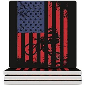 USA Vlag Dirtbike Motocross Gepersonaliseerde Onderzetters voor Drankjes/Bruiloft/Gift/Nieuw Thuis Grappige Onderzetters Set van 4/6 Vierkant 3.7 Inch