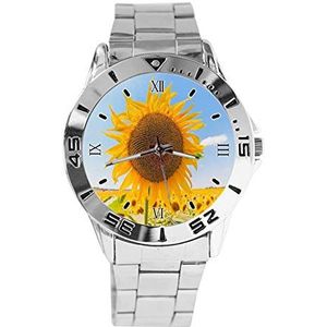 Geel Zonnebloem Mode Heren Horloges Sport Horloge Voor Vrouwen Casual Rvs Band Analoge Quartz Horloge, Zilver, armband