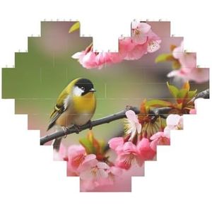 Vogel in perzik boom gedrukt bouwstenen blok puzzel hartvormige foto DIY bouwsteen puzzel gepersonaliseerde liefde baksteen puzzels voor hem, voor haar, voor geliefden