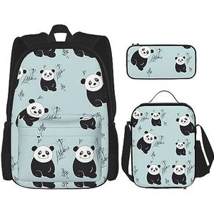 DOFFO Cartoon Panda Beer Print Rugzak Set, Reizen Laptop Rugzak Voor Vrouwen Mannen Casual Boekentas Met Lunch Tas Potlood Pouch 3 Stks, Zwart, One Size, Zwart, Eén maat