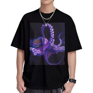 Paarse Octopus Print Dames Katoenen T-shirts Casual Korte Mouw Tuniek Tops Crewneck Zomer Basic Loose Fit Tee, Zwart, S