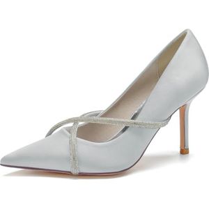 EICOFF Satin Diamante Versierde Hakken Trouwschoenen voor Bruid Hoge Hakken Pumps Rhinestones Bruidschoenen Trouwen Gesloten Puntige Neus Bruidsjurk,Zilver,37 EU