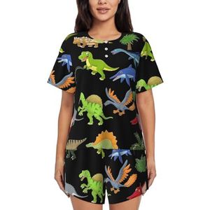 JIAWUJYNB Cartoon dinosaurus afbeeldingen print dames pyjama met korte mouwen set - comfortabele korte sets, mouwen nachtkleding met zakken, Zwart, L