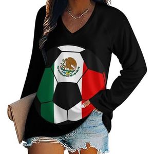 Mexico Voetbal Dames Casual Lange Mouw T-shirts V-hals Gedrukt Grafische Blouses Tee Tops 4XL