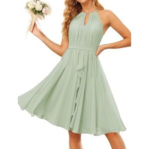 WSEYU Halter Schoolgala Jurken voor Tieners Korte Chiffon Bruidsmeisje Afstuderen Cocktail Party Jurk met Zakken ZM205, Sage Groen, 32