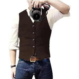 Solovedress Casual wollen vest met visgraatpatroon voor onder pak, v-hals, tweedvest voor bruiloft, groomsmen, koffie, M